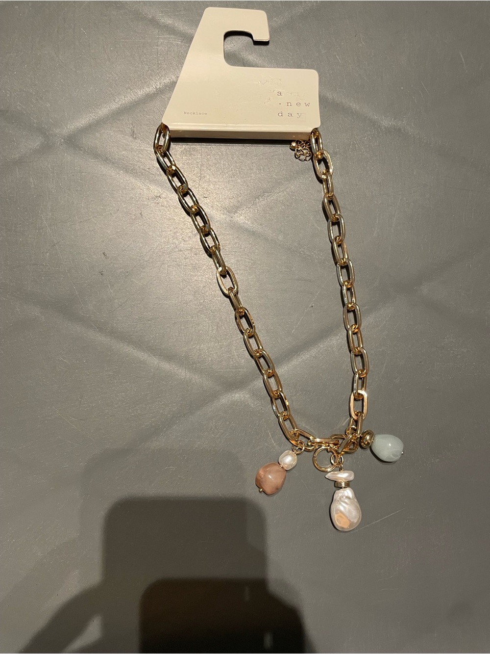 a new day Gold Link Necklace with Blush, Mint, and Pearl Charms New